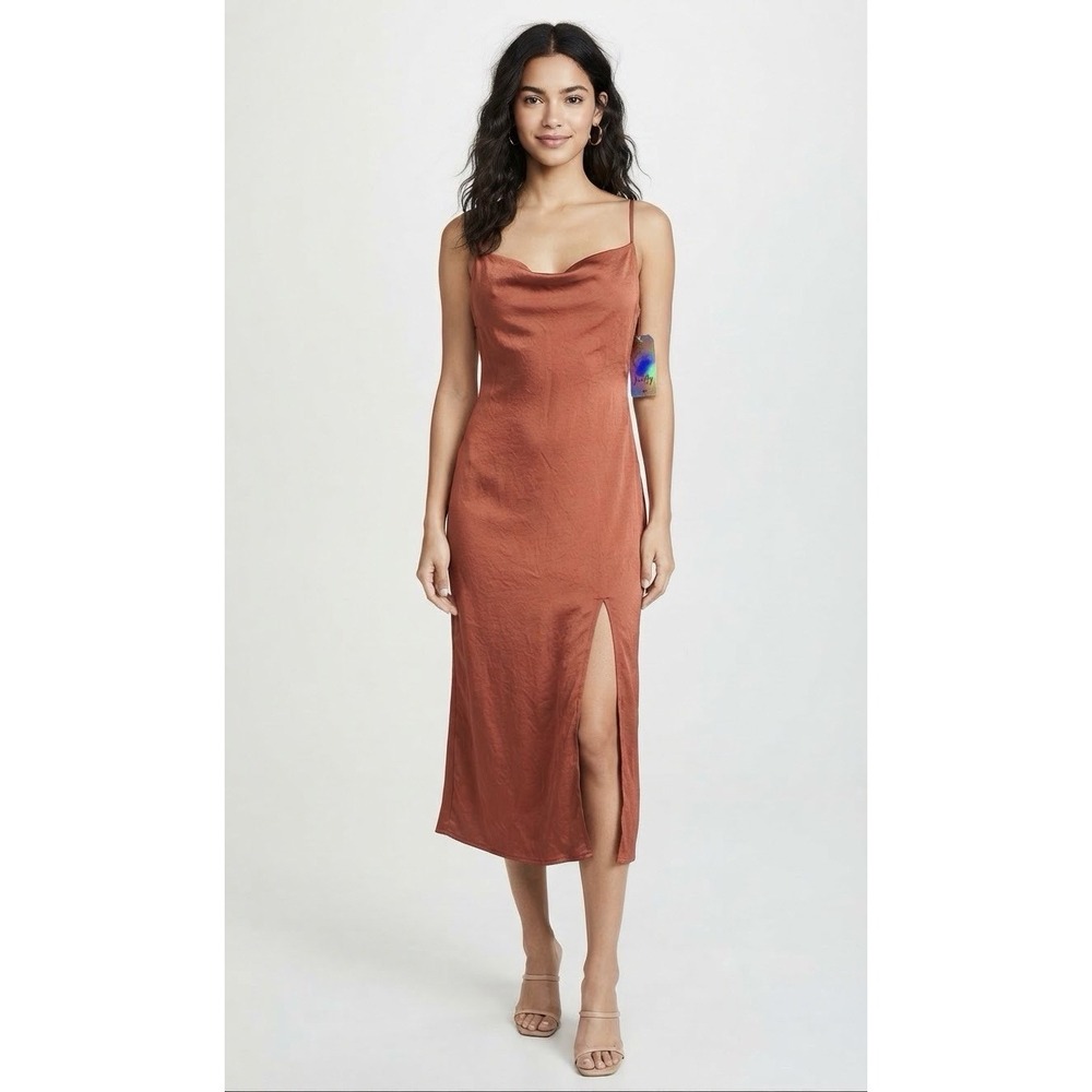 Justify Women's Dress L Brown Rust Satin Cowl Neck Midi Slit Spaghetti Strap NWT